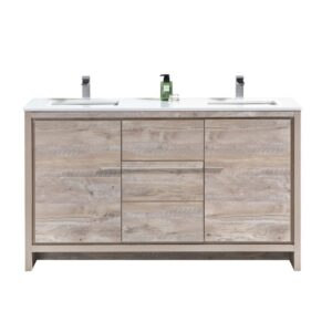 Kubebath AD660DNW Dolce 60 Inch Double Sink Nature Wood Modern Bathroom Vanity with White Quartz Countertop