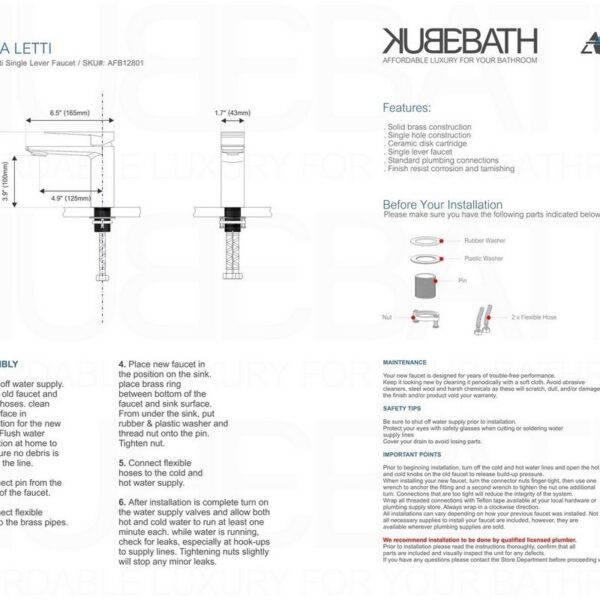 Kubebath AFB12801 Aqua Letti Single Lever Bathroom Vanity Faucet in Chrome