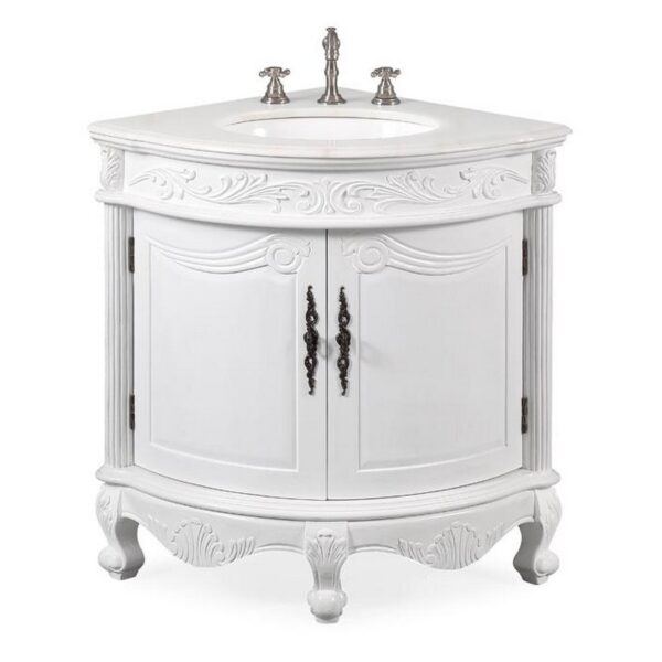 Chans Furniture BC-030C 24 Inches Classic Style Marble Bayview Corner Sink Vanity In White