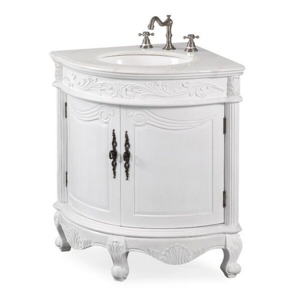 Chans Furniture BC-030C 24 Inches Classic Style Marble Bayview Corner Sink Vanity In White