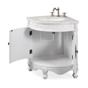 Chans Furniture BC-030C 24 Inches Classic Style Marble Bayview Corner Sink Vanity In White