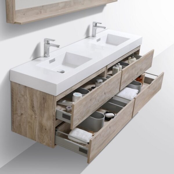 Kubebath BSL72D-NW Bliss 72 Inch Double Sink Nature Wood Wall Mount Modern Bathroom Vanity