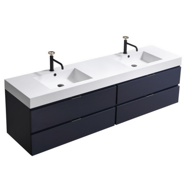 KubeBath BSL72D-BLUE Bliss 72 Inch Wall Mount and Modern Bathroom Vanity in Blue with Double Sink