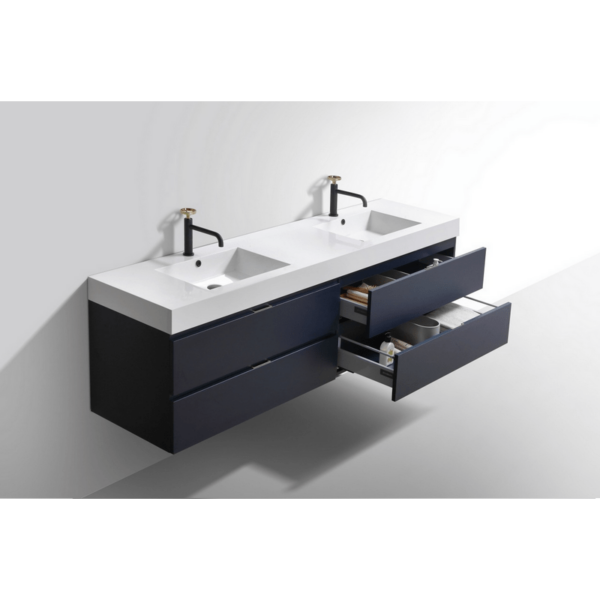 KubeBath BSL72D-BLUE Bliss 72 Inch Wall Mount and Modern Bathroom Vanity in Blue with Double Sink