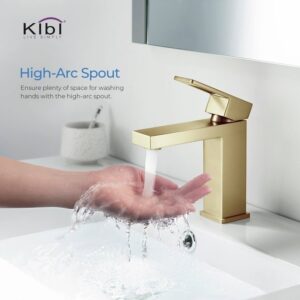 KIBI USA C-KBF1002-KPW100 Cubic 6 3/4 Inch Single Hole Deck Mounted Solid Brass Single Handle Bathroom Vanity Sink Faucet with Pop Up Drain