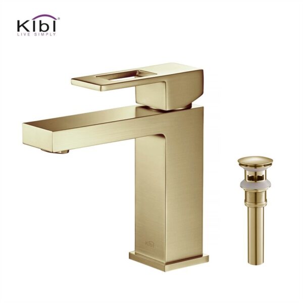 KIBI USA C-KBF1002-KPW100 Cubic 6 3/4 Inch Single Hole Deck Mounted Solid Brass Single Handle Bathroom Vanity Sink Faucet with Pop Up Drain