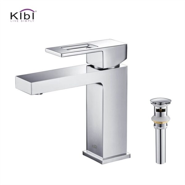 KIBI USA C-KBF1002-KPW100 Cubic 6 3/4 Inch Single Hole Deck Mounted Solid Brass Single Handle Bathroom Vanity Sink Faucet with Pop Up Drain