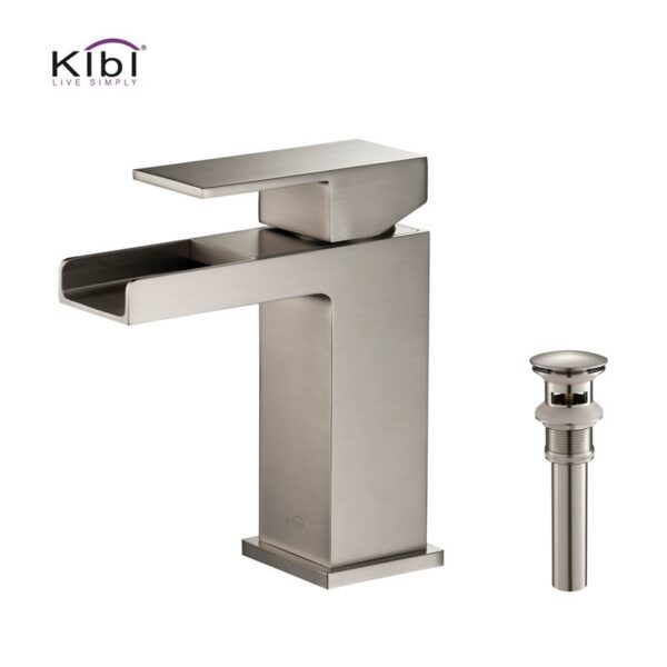 KIBI USA C-KBF1004-KPW100 Waterfall 6 1/8 Inch Single Hole Deck Mounted Solid Brass Single Handle Sink Faucet with Pop Up Drain