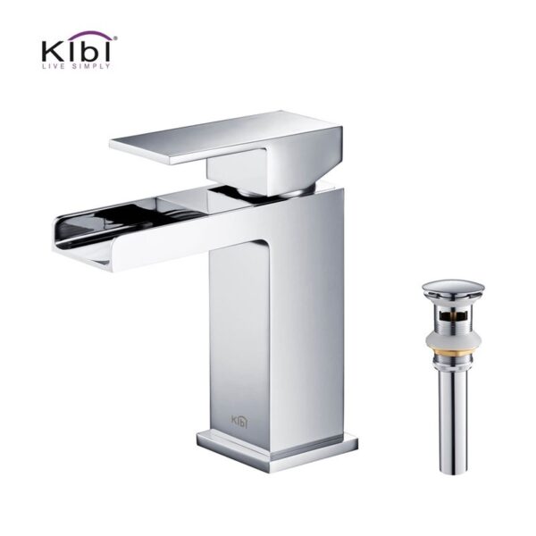 KIBI USA C-KBF1004-KPW100 Waterfall 6 1/8 Inch Single Hole Deck Mounted Solid Brass Single Handle Sink Faucet with Pop Up Drain