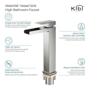 KIBI USA C-KBF1005-KPW101 Waterfall 10 7/8 Inch Single Hole Deck Mounted Lead-Free Solid Brass Single Handle Bathroom Sink Faucet with Pop Up Drain