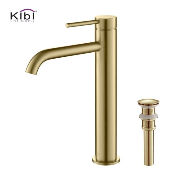 KIBI USA C-KBF1009-KPW101 Circular 11 3/8 Inch Single Hole Deck Mounted Luxury Solid Brass Single Hole Bathroom Vessel Sink Faucet with Pop Up Drain