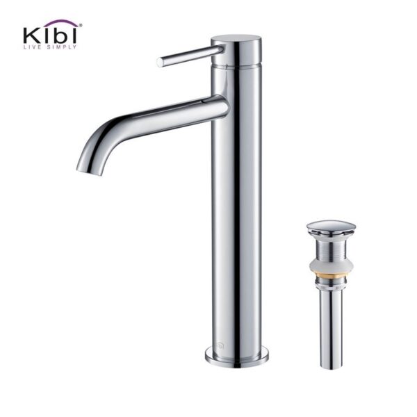 KIBI USA C-KBF1009-KPW101 Circular 11 3/8 Inch Single Hole Deck Mounted Luxury Solid Brass Single Hole Bathroom Vessel Sink Faucet with Pop Up Drain