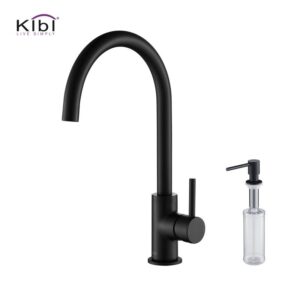 KIBI USA C-KKF2001-KSD100 Lowa 14 3/4 Inch Single Hole Deck Mount High Arc Single Lever Bar Prep Kitchen Faucet with Soap Dispenser