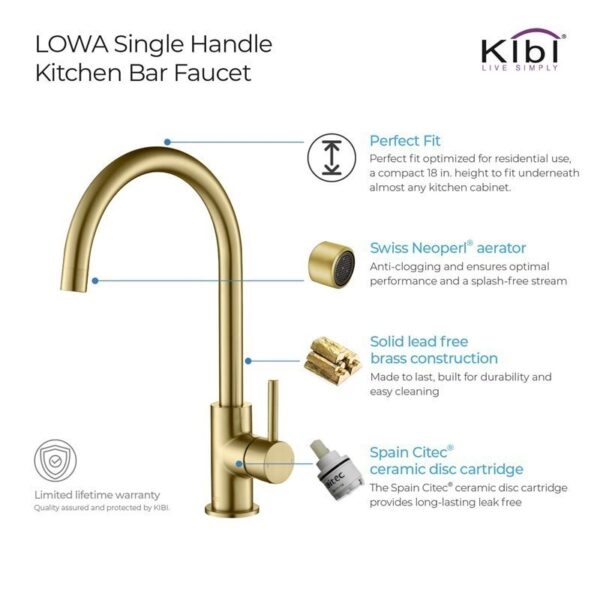 KIBI USA C-KKF2001-KSD100 Lowa 14 3/4 Inch Single Hole Deck Mount High Arc Single Lever Bar Prep Kitchen Faucet with Soap Dispenser