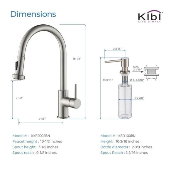 KIBI USA C-KKF2002-KSD100 Casa 16 1/2 Inch Single Hole Deck Mount Single Level Pull-Down Kitchen Faucet with Sprayer and Soap Dispenser