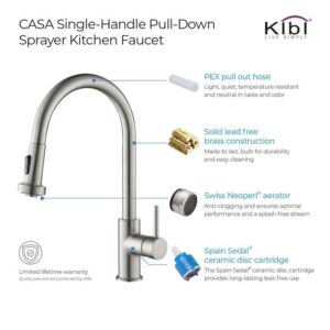 KIBI USA C-KKF2002-KSD100 Casa 16 1/2 Inch Single Hole Deck Mount Single Level Pull-Down Kitchen Faucet with Sprayer and Soap Dispenser