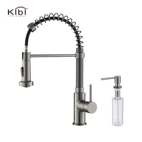 KIBI USA C-KKF2003-KSD100 Aurora 17 Inch Single Hole Deck Mount Single Handle Pull-Down Kitchen Faucet with Sprayer and Soap Dispenser