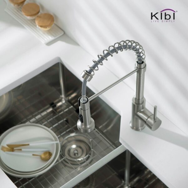 KIBI USA C-KKF2003-KSD100 Aurora 17 Inch Single Hole Deck Mount Single Handle Pull-Down Kitchen Faucet with Sprayer and Soap Dispenser