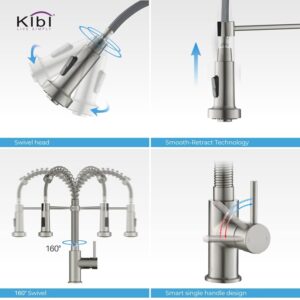 KIBI USA C-KKF2003-KSD100 Aurora 17 Inch Single Hole Deck Mount Single Handle Pull-Down Kitchen Faucet with Sprayer and Soap Dispenser