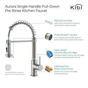 KIBI USA C-KKF2003-KSD100 Aurora 17 Inch Single Hole Deck Mount Single Handle Pull-Down Kitchen Faucet with Sprayer and Soap Dispenser