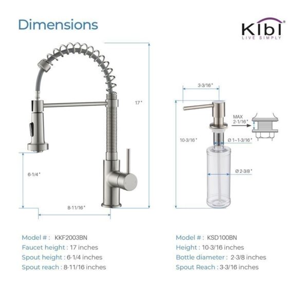 KIBI USA C-KKF2003-KSD100 Aurora 17 Inch Single Hole Deck Mount Single Handle Pull-Down Kitchen Faucet with Sprayer and Soap Dispenser