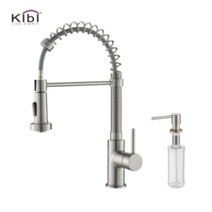 KIBI USA C-KKF2003-KSD100 Aurora 17 Inch Single Hole Deck Mount Single Handle Pull-Down Kitchen Faucet with Sprayer and Soap Dispenser