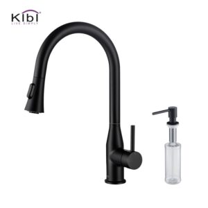 KIBI USA C-KKF2005-KSD100 Napa 16 1/4 Inch Single Hole Deck Mount High Arc Pull-Out Single Level Lead Free Brass Kitchen Faucet with Sprayer and Soap Dispenser