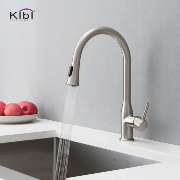 KIBI USA C-KKF2005-KSD100 Napa 16 1/4 Inch Single Hole Deck Mount High Arc Pull-Out Single Level Lead Free Brass Kitchen Faucet with Sprayer and Soap Dispenser