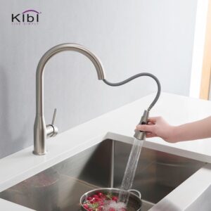 KIBI USA C-KKF2005-KSD100 Napa 16 1/4 Inch Single Hole Deck Mount High Arc Pull-Out Single Level Lead Free Brass Kitchen Faucet with Sprayer and Soap Dispenser