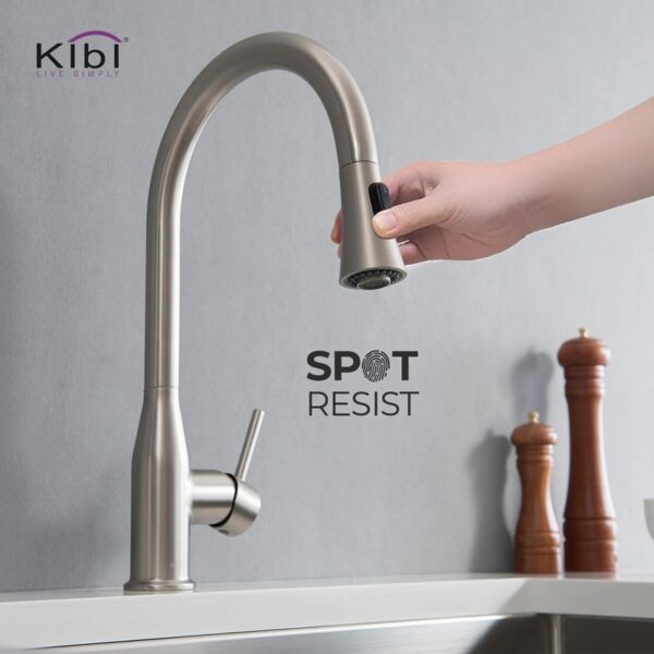 KIBI USA C-KKF2005-KSD100 Napa 16 1/4 Inch Single Hole Deck Mount High Arc Pull-Out Single Level Lead Free Brass Kitchen Faucet with Sprayer and Soap Dispenser