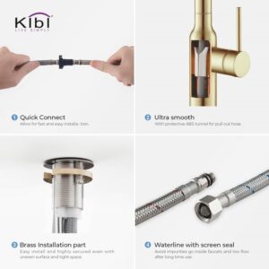 KIBI USA C-KKF2007-KSD100 Macon 17 1/8 Inch Single Hole Deck Mount Brass High Arc Single Level Kitchen Faucet with Pull-Out Sprayer and Soap Dispenser