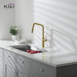 KIBI USA C-KKF2007-KSD100 Macon 17 1/8 Inch Single Hole Deck Mount Brass High Arc Single Level Kitchen Faucet with Pull-Out Sprayer and Soap Dispenser