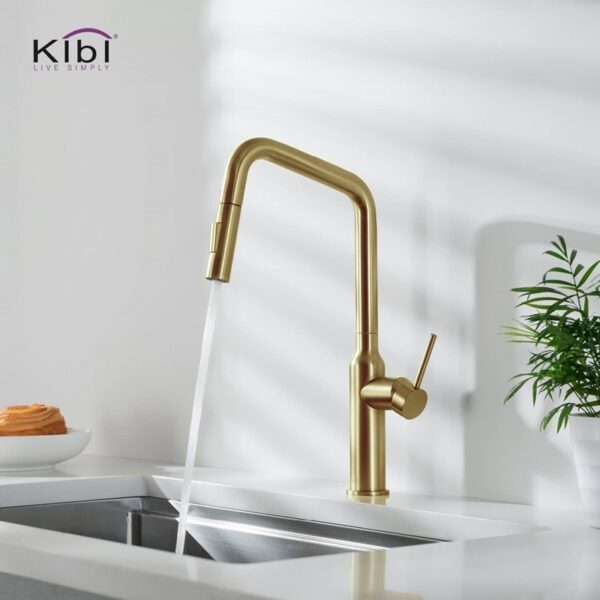 KIBI USA C-KKF2007-KSD100 Macon 17 1/8 Inch Single Hole Deck Mount Brass High Arc Single Level Kitchen Faucet with Pull-Out Sprayer and Soap Dispenser