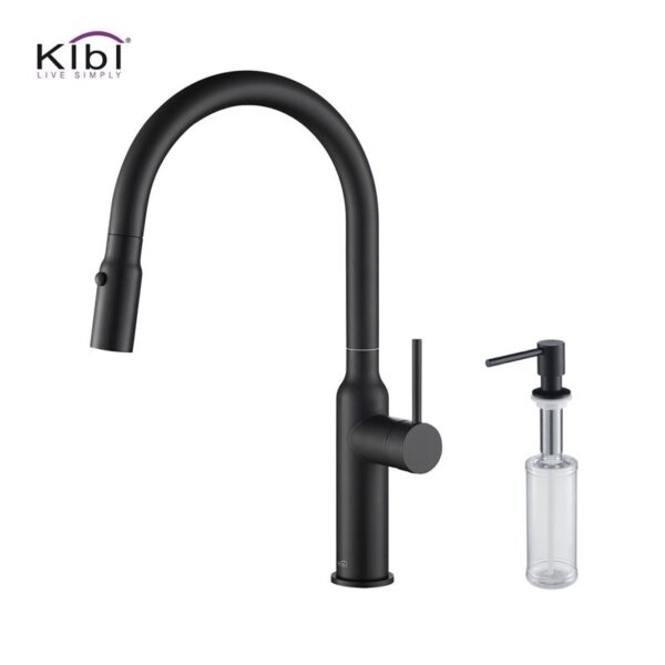 KIBI USA C-KKF2008-KSD100 Hilo 17 Inch Single Hole Deck Mount High Arc Pull-Out Single Level Lead Free Brass Kitchen Faucet with Sprayer and Soap Dispenser