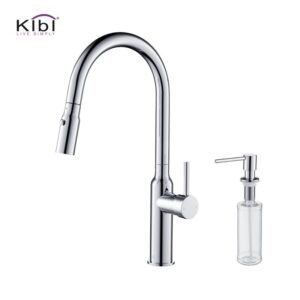 KIBI USA C-KKF2008-KSD100 Hilo 17 Inch Single Hole Deck Mount High Arc Pull-Out Single Level Lead Free Brass Kitchen Faucet with Sprayer and Soap Dispenser