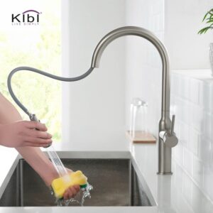 KIBI USA C-KKF2008-KSD100 Hilo 17 Inch Single Hole Deck Mount High Arc Pull-Out Single Level Lead Free Brass Kitchen Faucet with Sprayer and Soap Dispenser