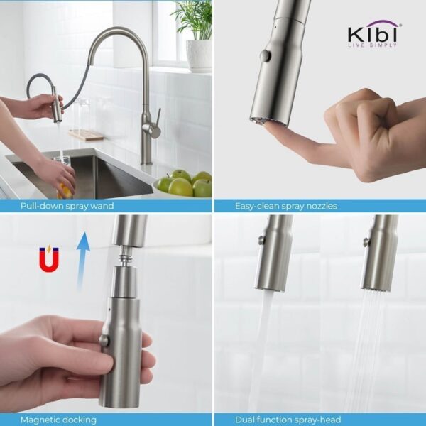 KIBI USA C-KKF2008-KSD100 Hilo 17 Inch Single Hole Deck Mount High Arc Pull-Out Single Level Lead Free Brass Kitchen Faucet with Sprayer and Soap Dispenser