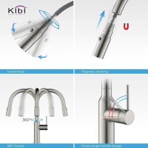 KIBI USA C-KKF2008-KSD100 Hilo 17 Inch Single Hole Deck Mount High Arc Pull-Out Single Level Lead Free Brass Kitchen Faucet with Sprayer and Soap Dispenser