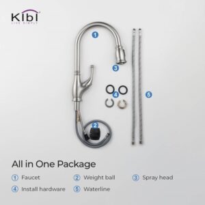 KIBI USA C-KKF2009-KSD101 Summit 16 3/8 Inch Single Hole Deck Mount High Arc Pull-Out Single Level Lead Free Brass Kitchen Faucet with Sprayer and Soap Dispenser