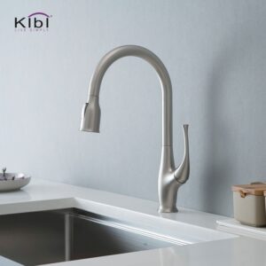 KIBI USA C-KKF2010-KSD101 Cedar 16 3/4 Inch Single Hole Deck Mount High Arc Pull-Out Single Level Lead Free Brass Kitchen Faucet with Sprayer and Soap Dispenser