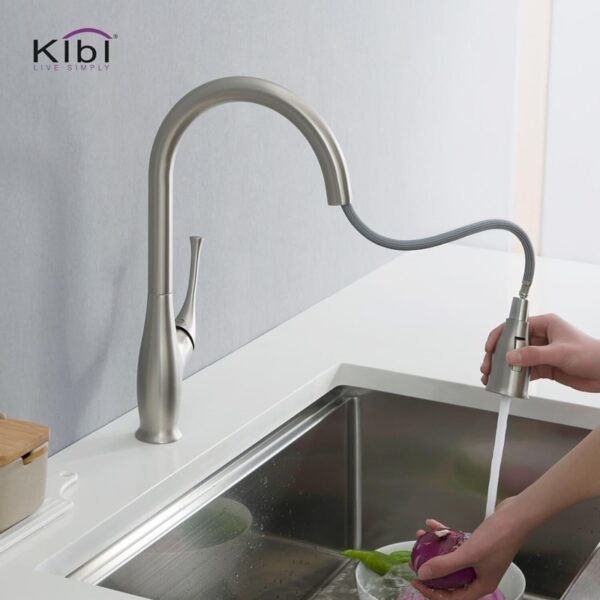 KIBI USA C-KKF2010-KSD101 Cedar 16 3/4 Inch Single Hole Deck Mount High Arc Pull-Out Single Level Lead Free Brass Kitchen Faucet with Sprayer and Soap Dispenser