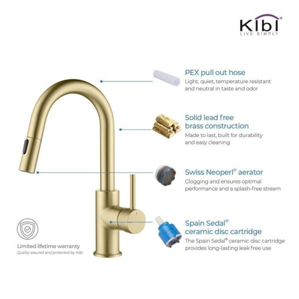 KIBI USA C-KKF2011-KSD100 Luxe 13 1/2 Inch Single Hole Deck Mount Pull-Down Kitchen Faucet with Sprayer and Soap Dispenser