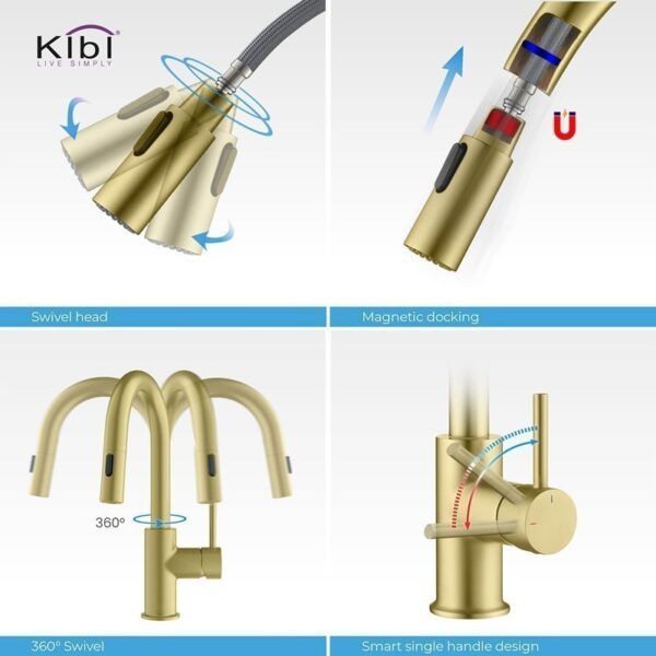 KIBI USA C-KKF2011-KSD100 Luxe 13 1/2 Inch Single Hole Deck Mount Pull-Down Kitchen Faucet with Sprayer and Soap Dispenser