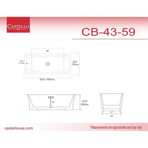 Castello USA CB-43-59 Blaire 58 7/8 Inch Freestanding Tub with Drainer and Overflow