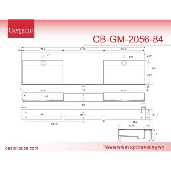 Castello USA CB-GM-2056-84 Juniper 84 Inch Wall Mounted Vessel Double Bathroom Sink