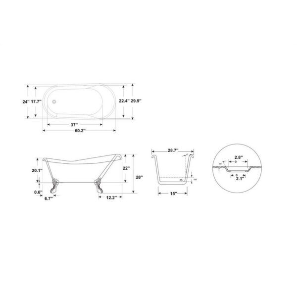 Castello USA CB-26-60 Daphne 60 Inch Acrylic Freestanding Tub with Small Chrome Drainer/Overflow