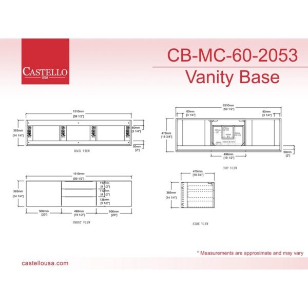 Castello USA CB-NILE-60W-SET Nile 59 1/2 Inch White Vanity Set with Top