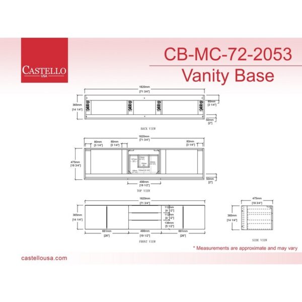 Castello USA CB-NILE-72W-SET Nile 71 3/4 Inch White Vanity Set with Top