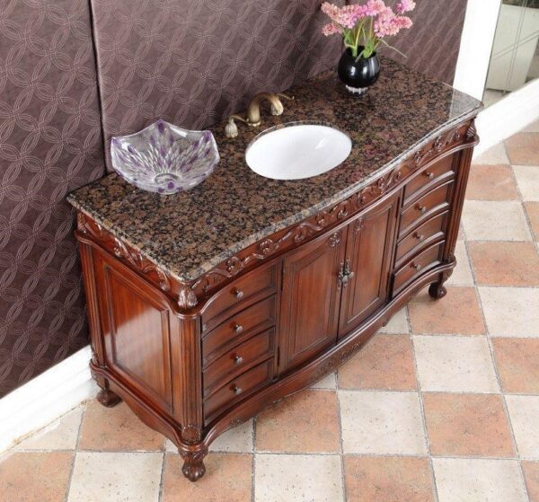 Chans Furniture CF-3882SB-TK-56 Beckham 56 Inch Cherry Bathroom Sink Vanity, Brown Granite Countertop