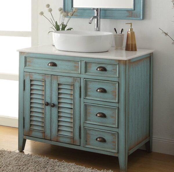 Chans Furniture ZK-78886BU 38 Inch Benton Collection Distress Blue Abbeville Vessel Sink Bathroom Vanity